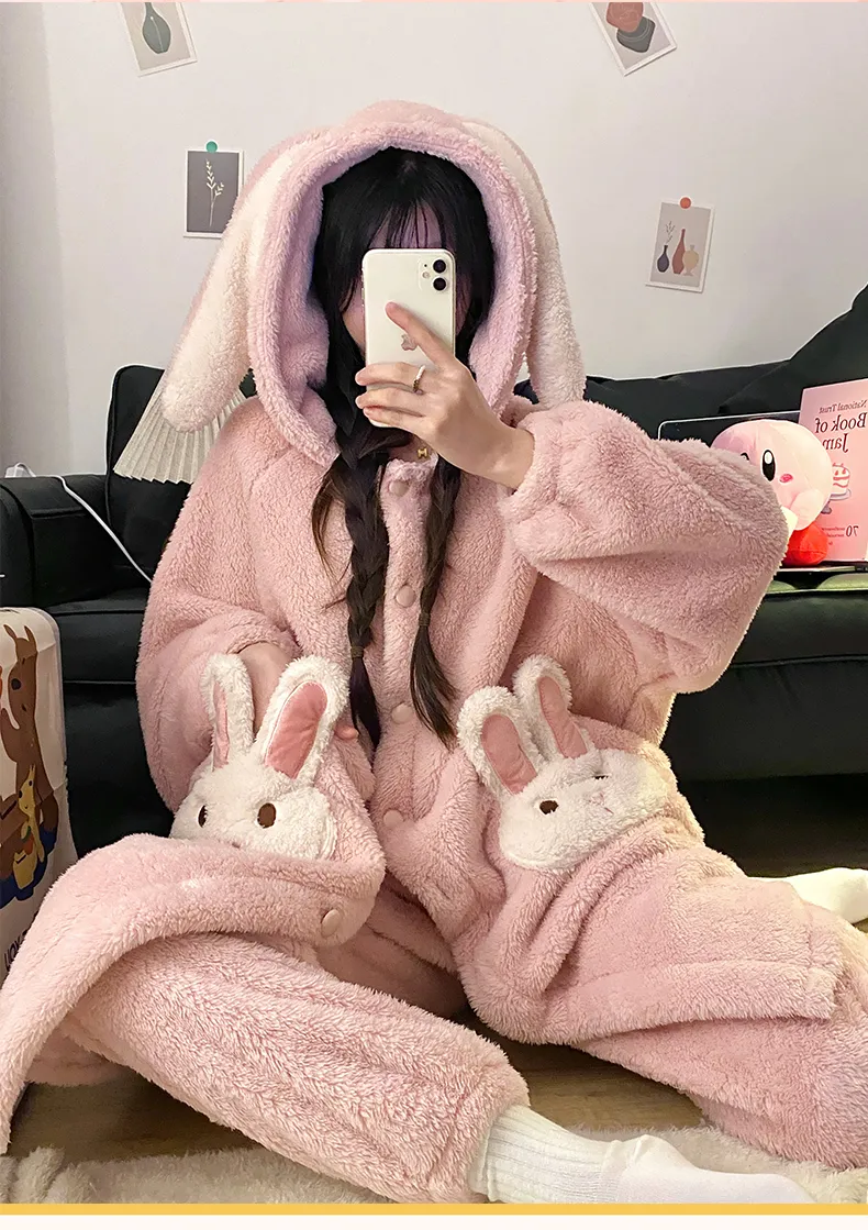 冬パジャマ レディース ロングプラッシュ 厚手 ローブセット カートゥーン スイート フード付き 暖かい ゆったり ロングローブ 長ズボン ルームウェア · 卸売 · OEM · 世界へ発送 - Detail 7
