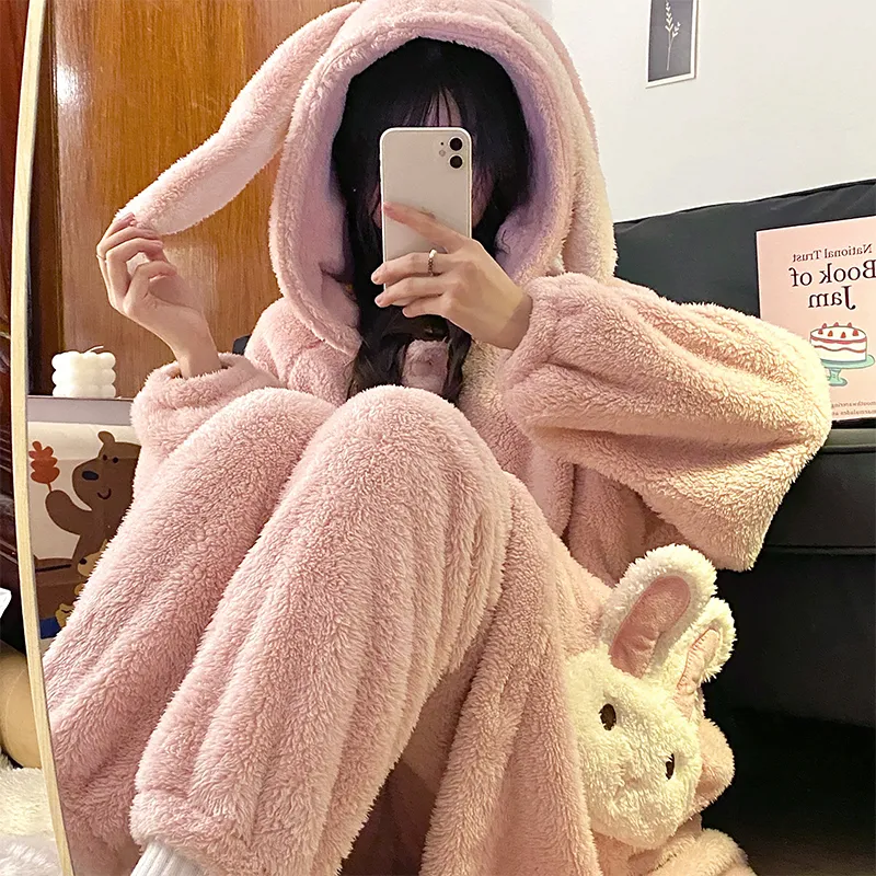 冬パジャマ レディース ロングプラッシュ 厚手 ローブセット カートゥーン スイート フード付き 暖かい ゆったり ロングローブ 長ズボン ルームウェア · 卸売 · OEM · 世界へ発送 - View 4