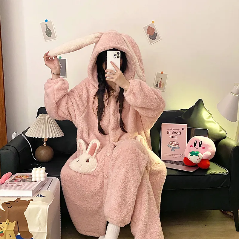 冬パジャマ レディース ロングプラッシュ 厚手 ローブセット カートゥーン スイート フード付き 暖かい ゆったり ロングローブ 長ズボン ルームウェア · 卸売 · OEM · 世界へ発送 - View 1
