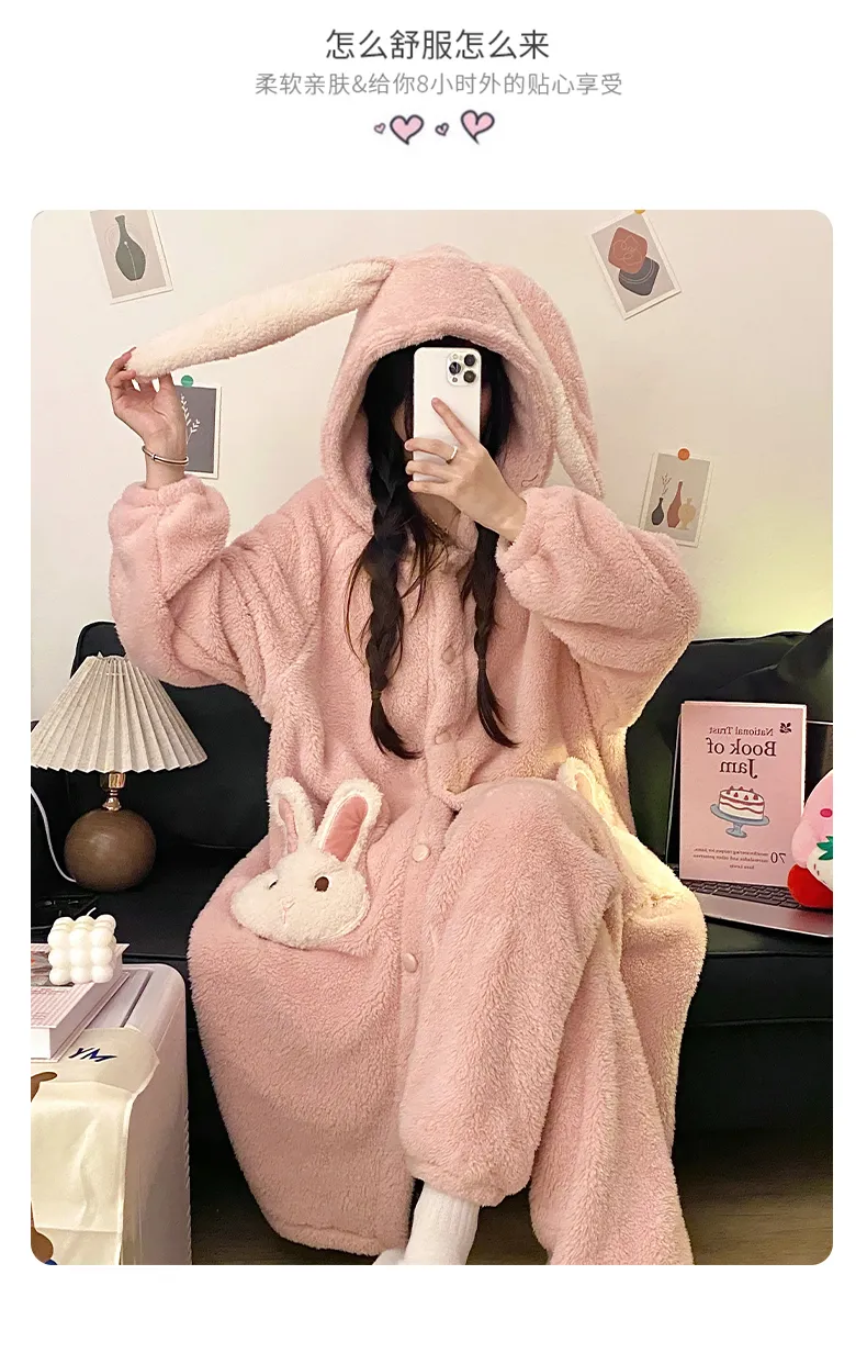 冬パジャマ レディース ロングプラッシュ 厚手 ローブセット カートゥーン スイート フード付き 暖かい ゆったり ロングローブ 長ズボン ルームウェア · 卸売 · OEM · 世界へ発送 - Detail 12