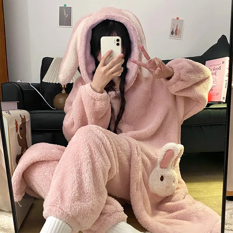 冬パジャマ レディース ロングプラッシュ 厚手 ローブセット カートゥーン スイート フード付き 暖かい ゆったり ロングローブ 長ズボン ルームウェア · 卸売 · OEM · 世界へ発送 - View 3