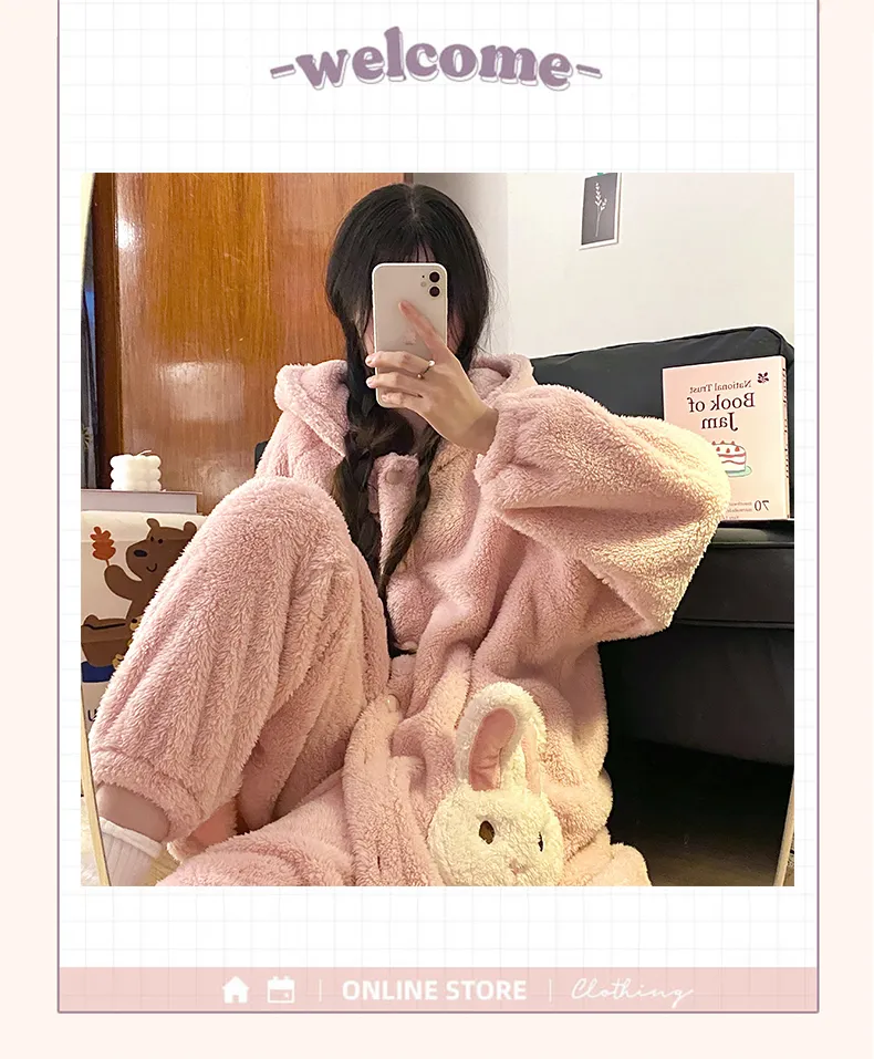 冬パジャマ レディース ロングプラッシュ 厚手 ローブセット カートゥーン スイート フード付き 暖かい ゆったり ロングローブ 長ズボン ルームウェア · 卸売 · OEM · 世界へ発送 - Detail 4