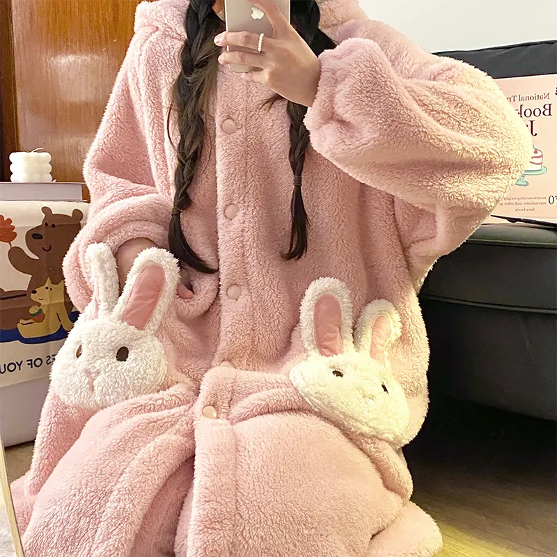 冬パジャマ レディース ロングプラッシュ 厚手 ローブセット カートゥーン スイート フード付き 暖かい ゆったり ロングローブ 長ズボン ルームウェア · 卸売 · OEM · 世界へ発送 - View 2