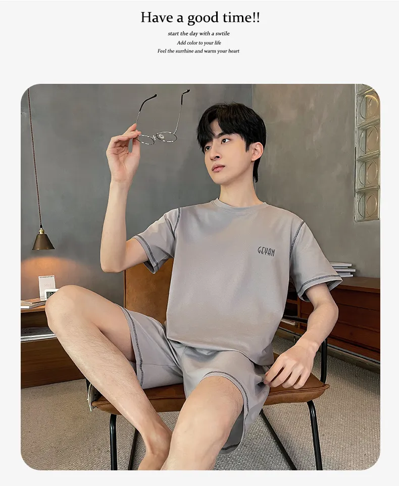 Teen & Men's Summer Pajama Set, Modal Cotton Solid Color Plus Size Wearable-Outside Loungewear, Cross-Border Export · Wholesale · OEM · Worldwide Shipping - Detail 3
