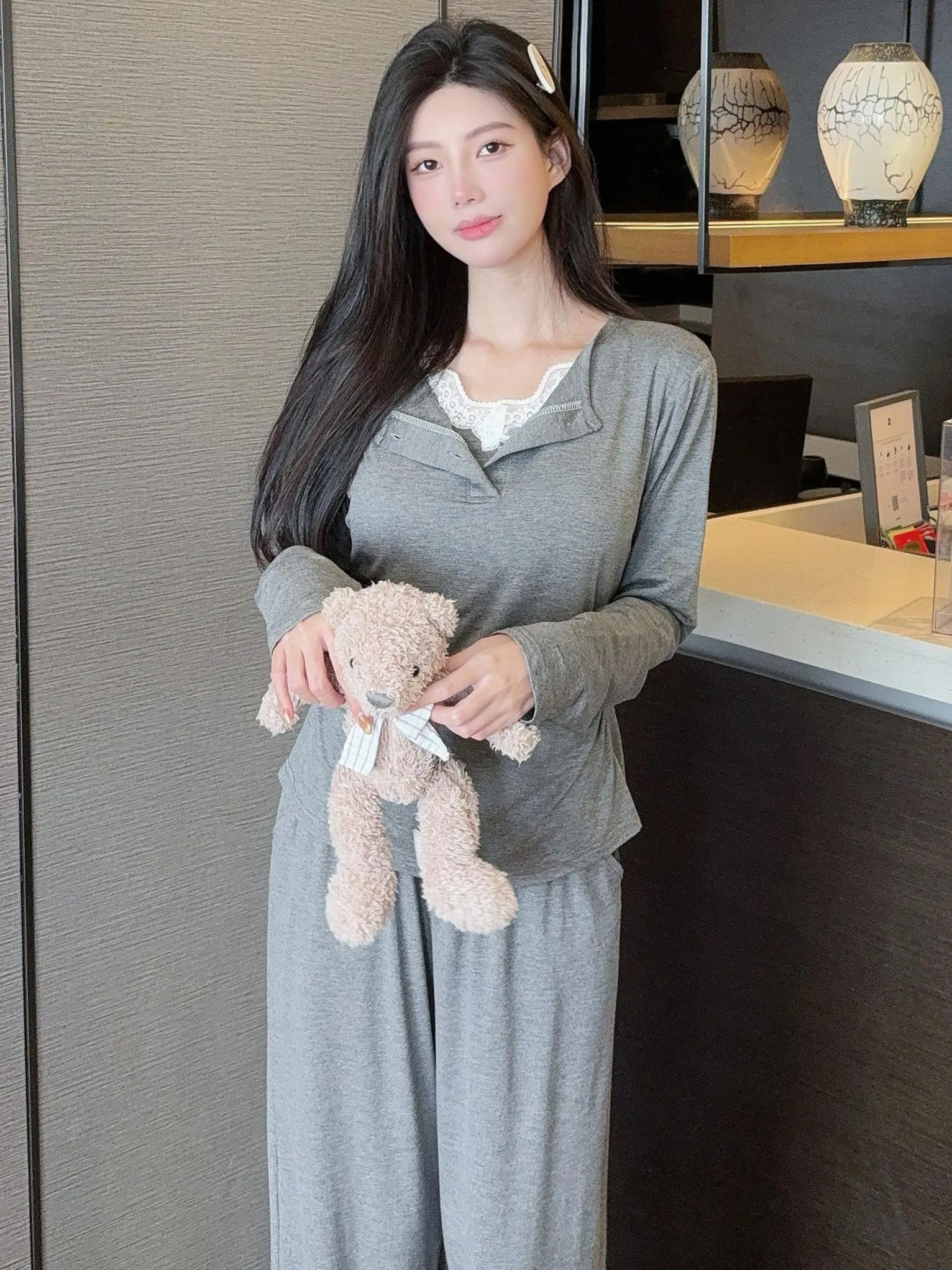 with Bra Pad Lace Long Sleeve Modal Pajama Women Spring Autumn Thin Wearable 2-Piece Set · Wholesale · OEM · Worldwide Shipping - Detail 2