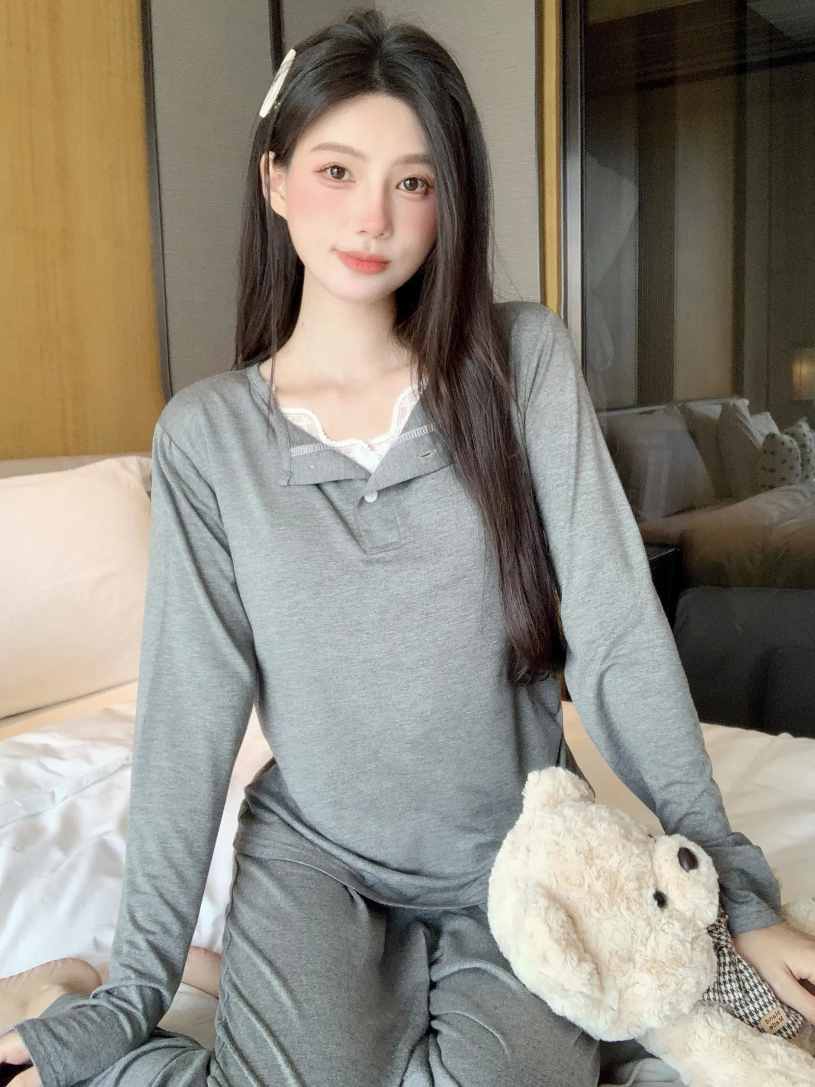 with Bra Pad Lace Long Sleeve Modal Pajama Women Spring Autumn Thin Wearable 2-Piece Set · Wholesale · OEM · Worldwide Shipping - View 1