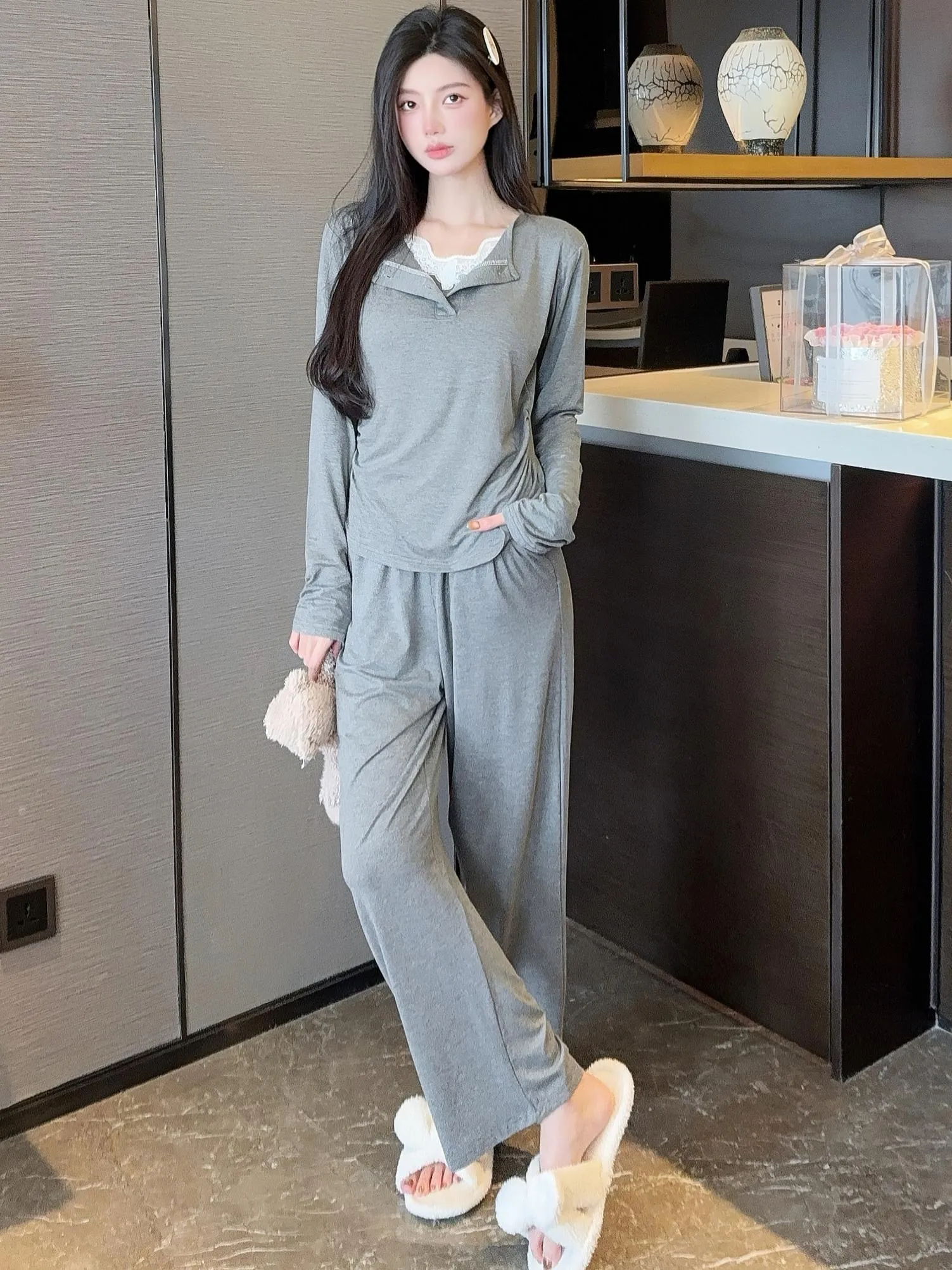 with Bra Pad Lace Long Sleeve Modal Pajama Women Spring Autumn Thin Wearable 2-Piece Set · Wholesale · OEM · Worldwide Shipping - Detail 1
