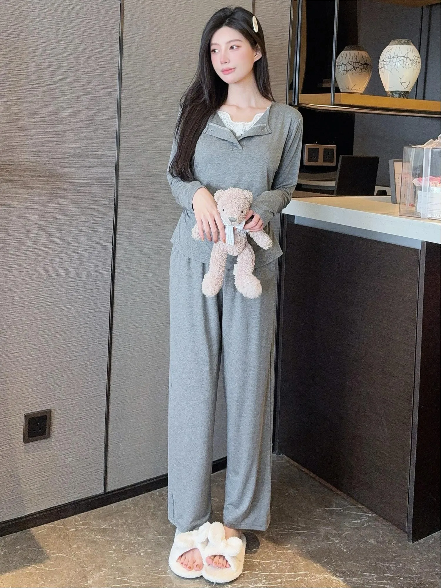with Bra Pad Lace Long Sleeve Modal Pajama Women Spring Autumn Thin Wearable 2-Piece Set · Wholesale · OEM · Worldwide Shipping - View 3