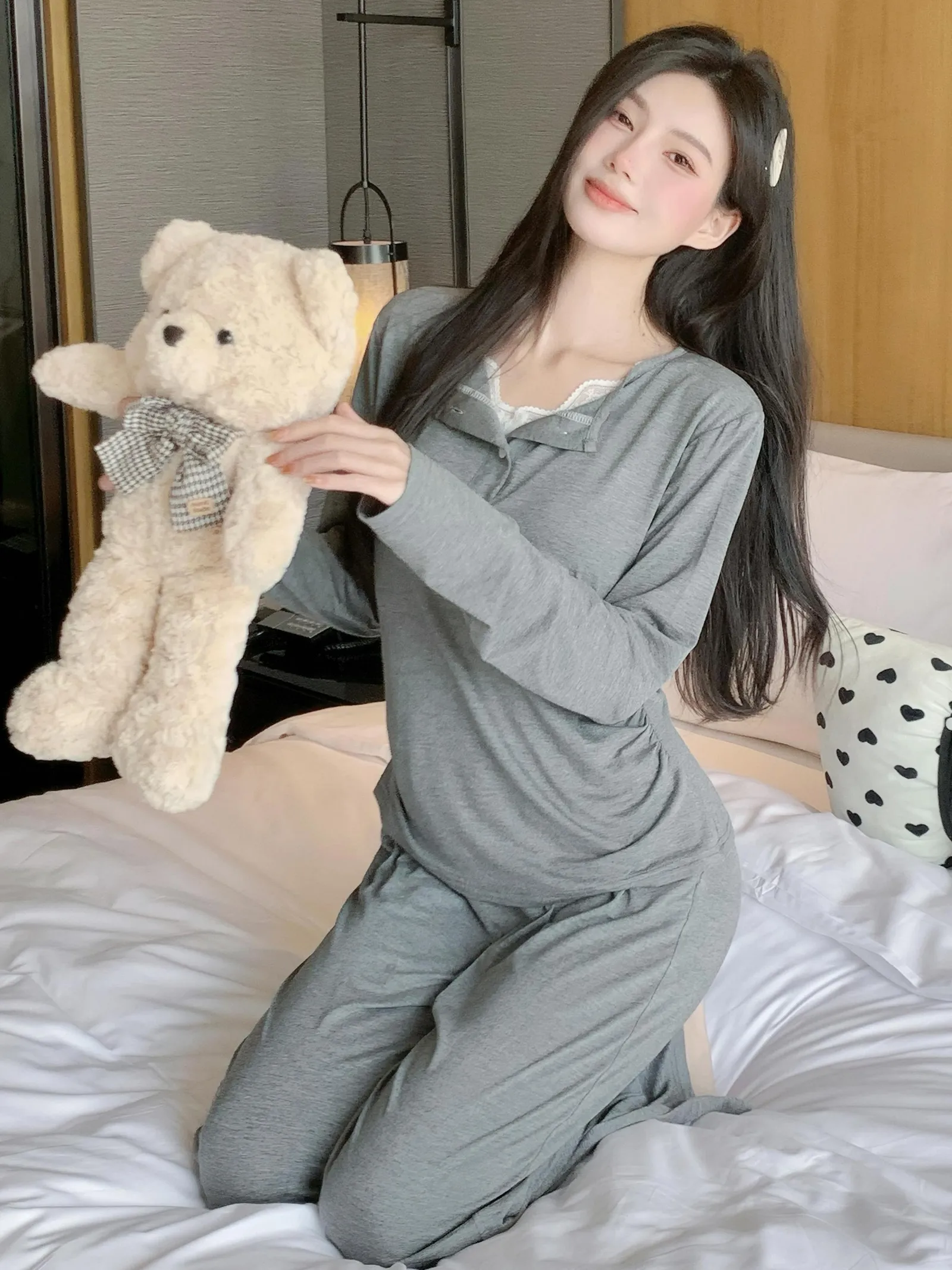 with Bra Pad Lace Long Sleeve Modal Pajama Women Spring Autumn Thin Wearable 2-Piece Set · Wholesale · OEM · Worldwide Shipping - Detail 5