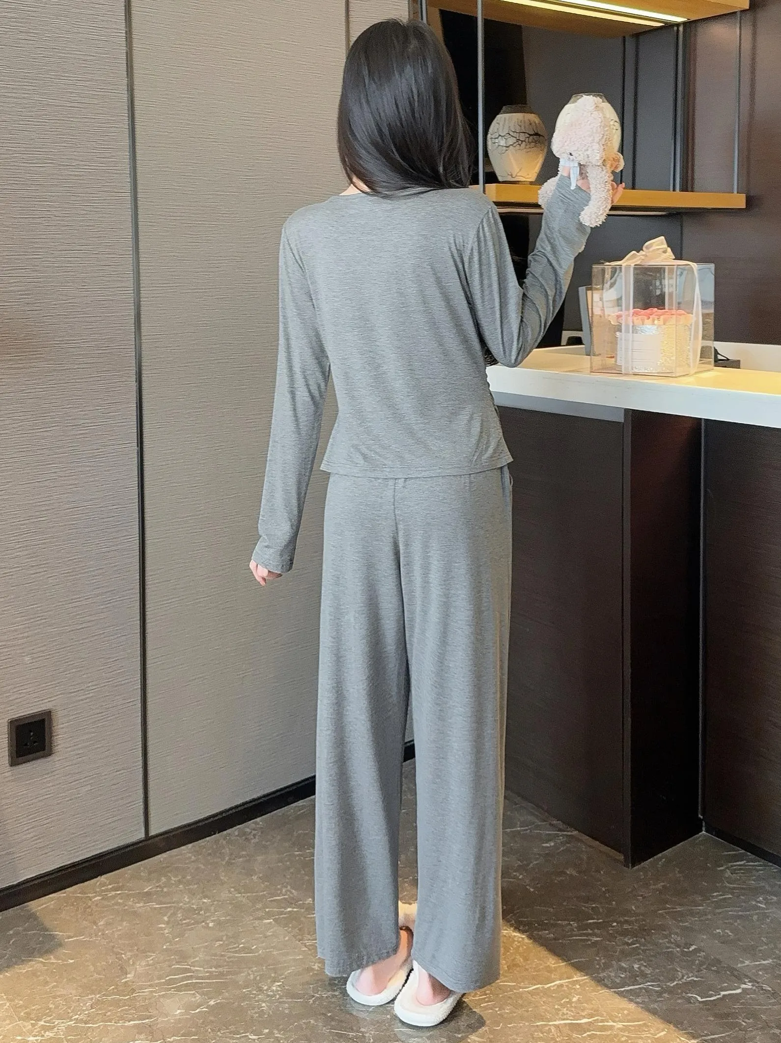 with Bra Pad Lace Long Sleeve Modal Pajama Women Spring Autumn Thin Wearable 2-Piece Set · Wholesale · OEM · Worldwide Shipping - Detail 3