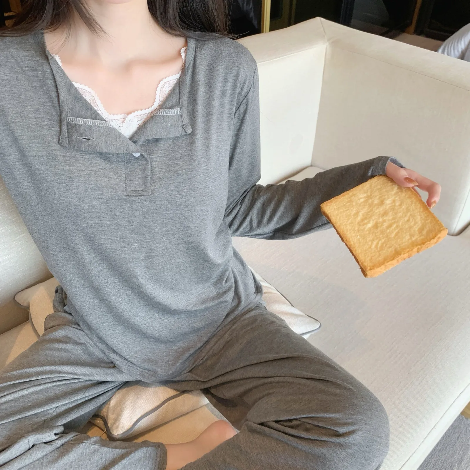with Bra Pad Lace Long Sleeve Modal Pajama Women Spring Autumn Thin Wearable 2-Piece Set · Wholesale · OEM · Worldwide Shipping - Detail 6