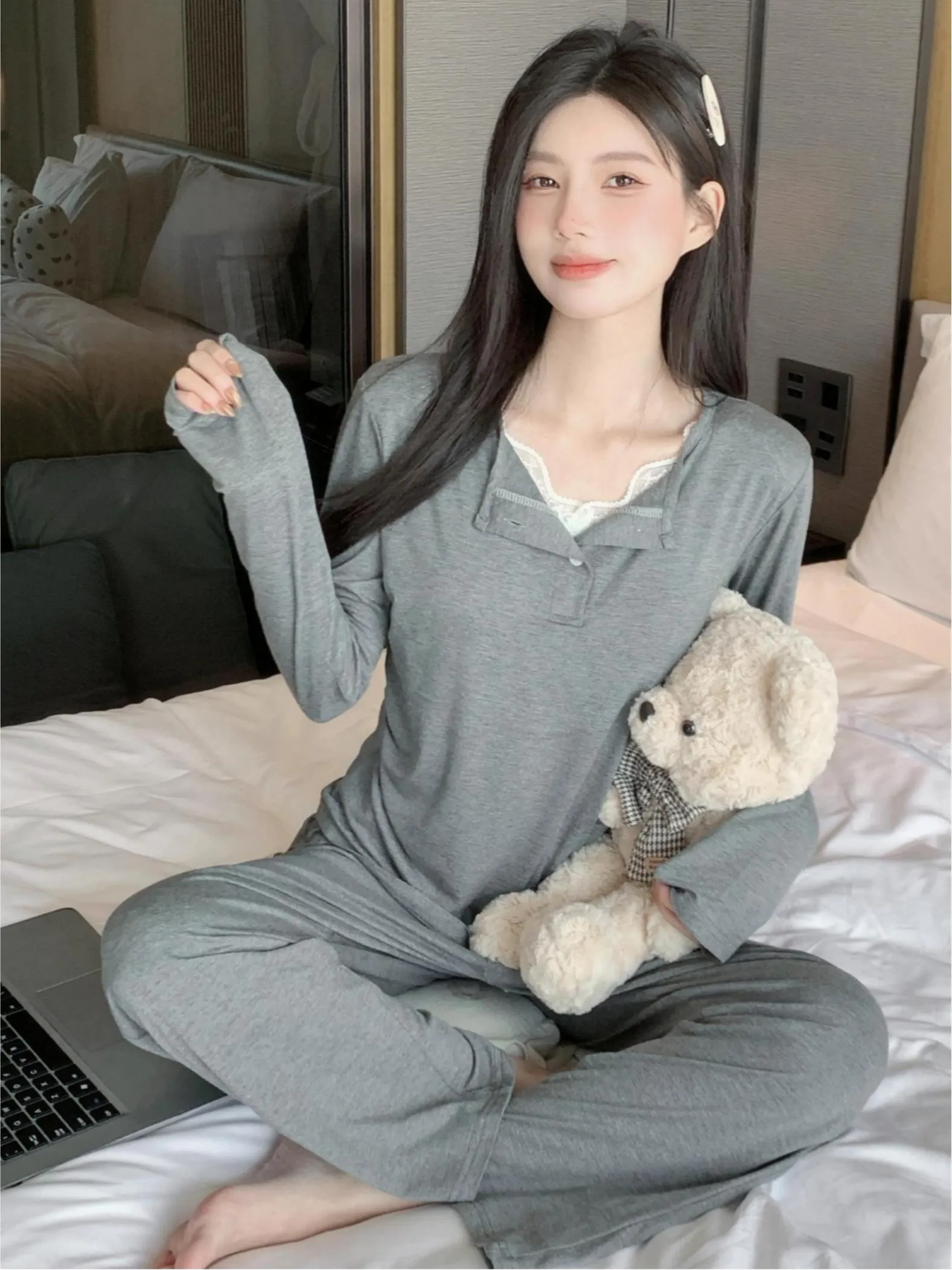 with Bra Pad Lace Long Sleeve Modal Pajama Women Spring Autumn Thin Wearable 2-Piece Set · Wholesale · OEM · Worldwide Shipping