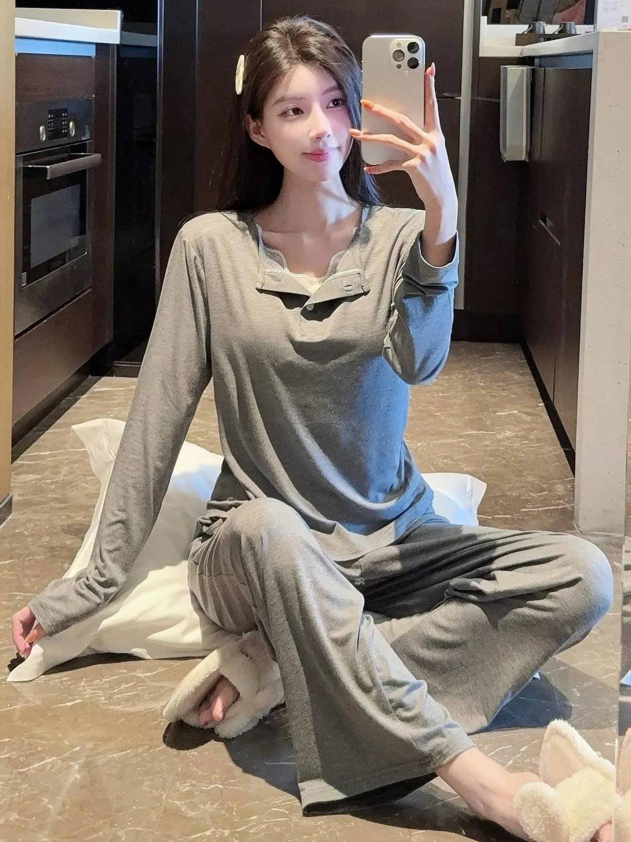 with Bra Pad Lace Long Sleeve Modal Pajama Women Spring Autumn Thin Wearable 2-Piece Set · Wholesale · OEM · Worldwide Shipping - View 4