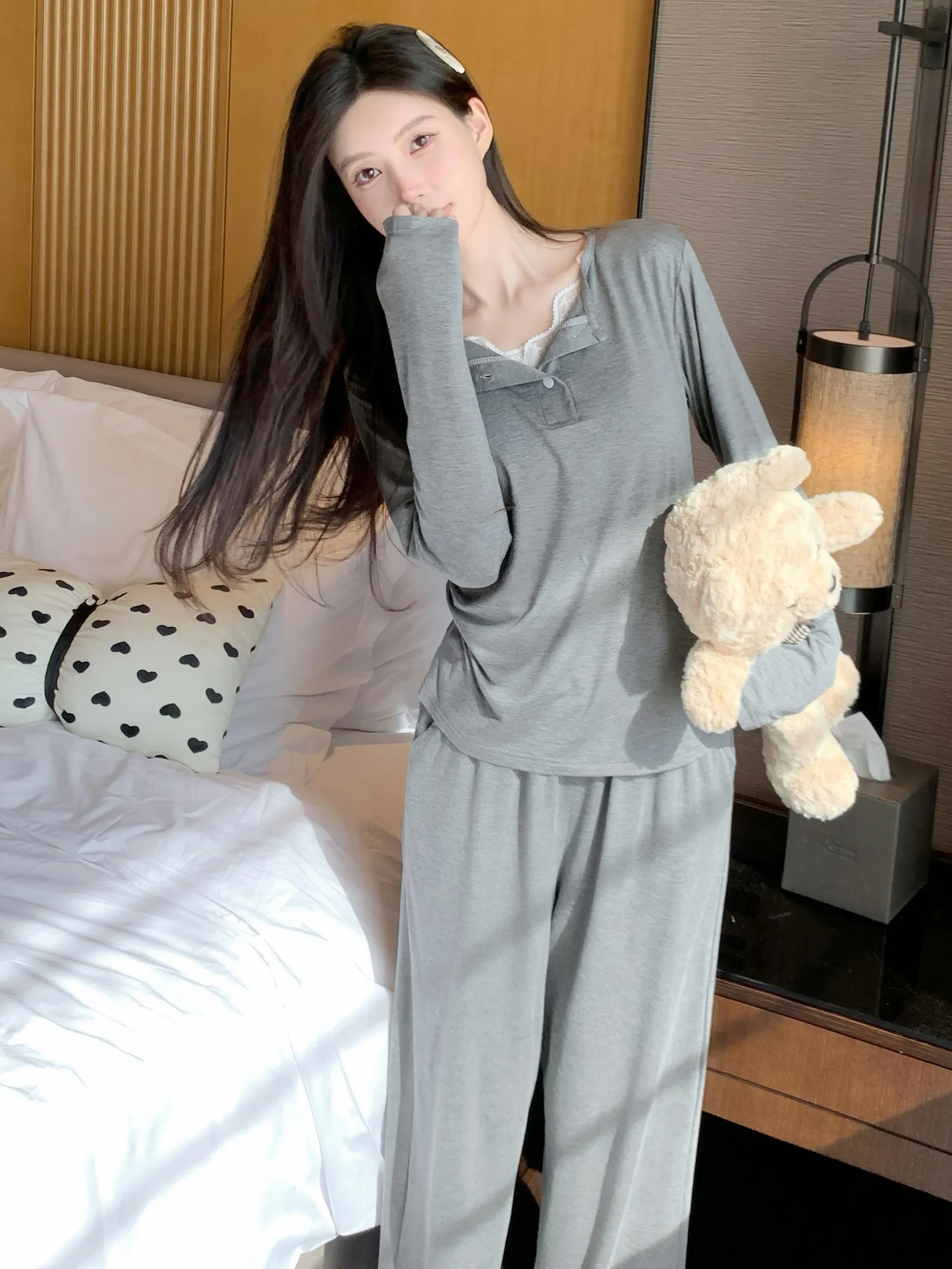with Bra Pad Lace Long Sleeve Modal Pajama Women Spring Autumn Thin Wearable 2-Piece Set · Wholesale · OEM · Worldwide Shipping - View 2