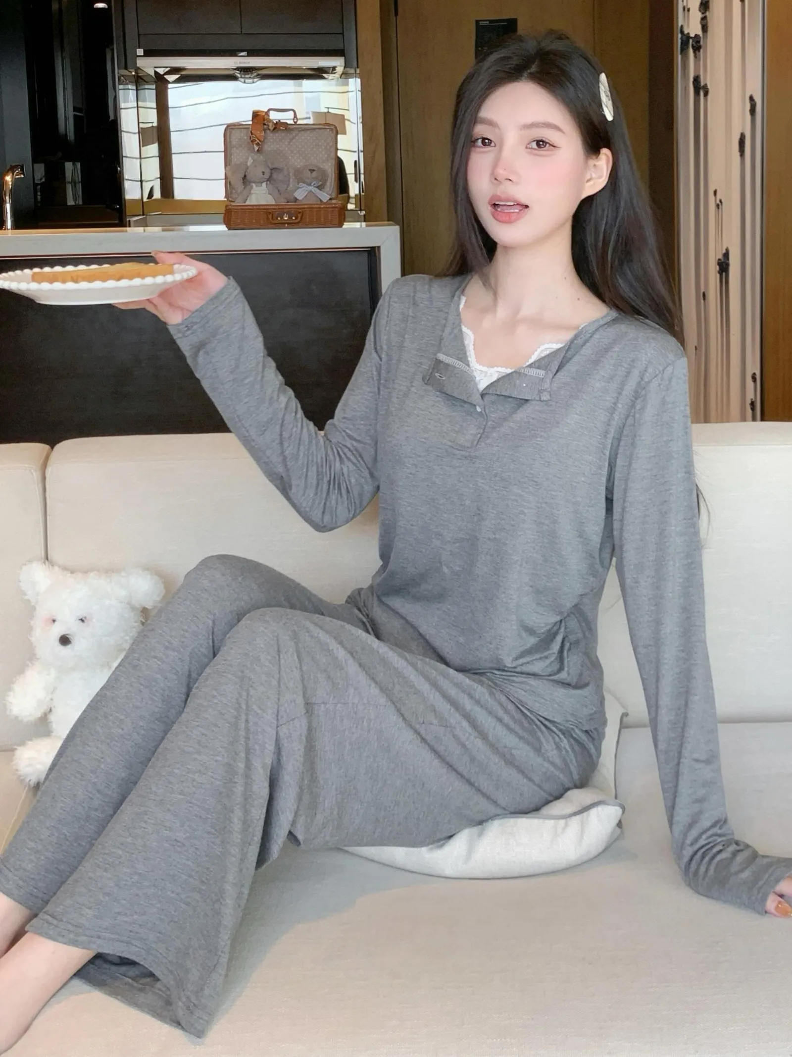 with Bra Pad Lace Long Sleeve Modal Pajama Women Spring Autumn Thin Wearable 2-Piece Set · Wholesale · OEM · Worldwide Shipping - Detail 4