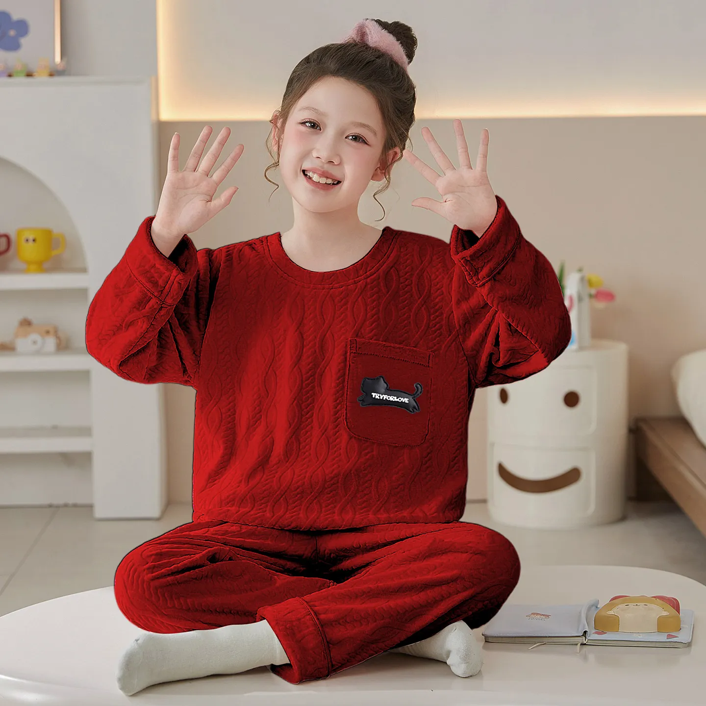 New Girls' Winter Pajama Set, Island Fleece Long Sleeve Crew Neck Pullover with Cute Cartoon Print, Warm Kids Loungewear · Wholesale · OEM · Worldwide Shipping - Detail 1