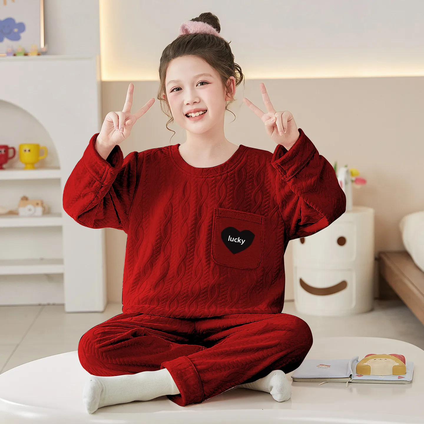 New Girls' Winter Pajama Set, Island Fleece Long Sleeve Crew Neck Pullover with Cute Cartoon Print, Warm Kids Loungewear · Wholesale · OEM · Worldwide Shipping - View 1
