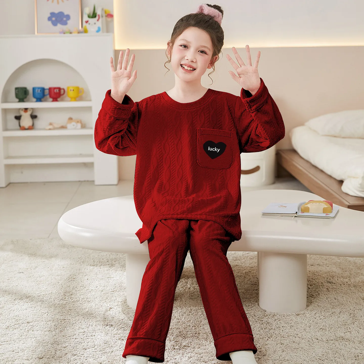 New Girls' Winter Pajama Set, Island Fleece Long Sleeve Crew Neck Pullover with Cute Cartoon Print, Warm Kids Loungewear · Wholesale · OEM · Worldwide Shipping - View 2