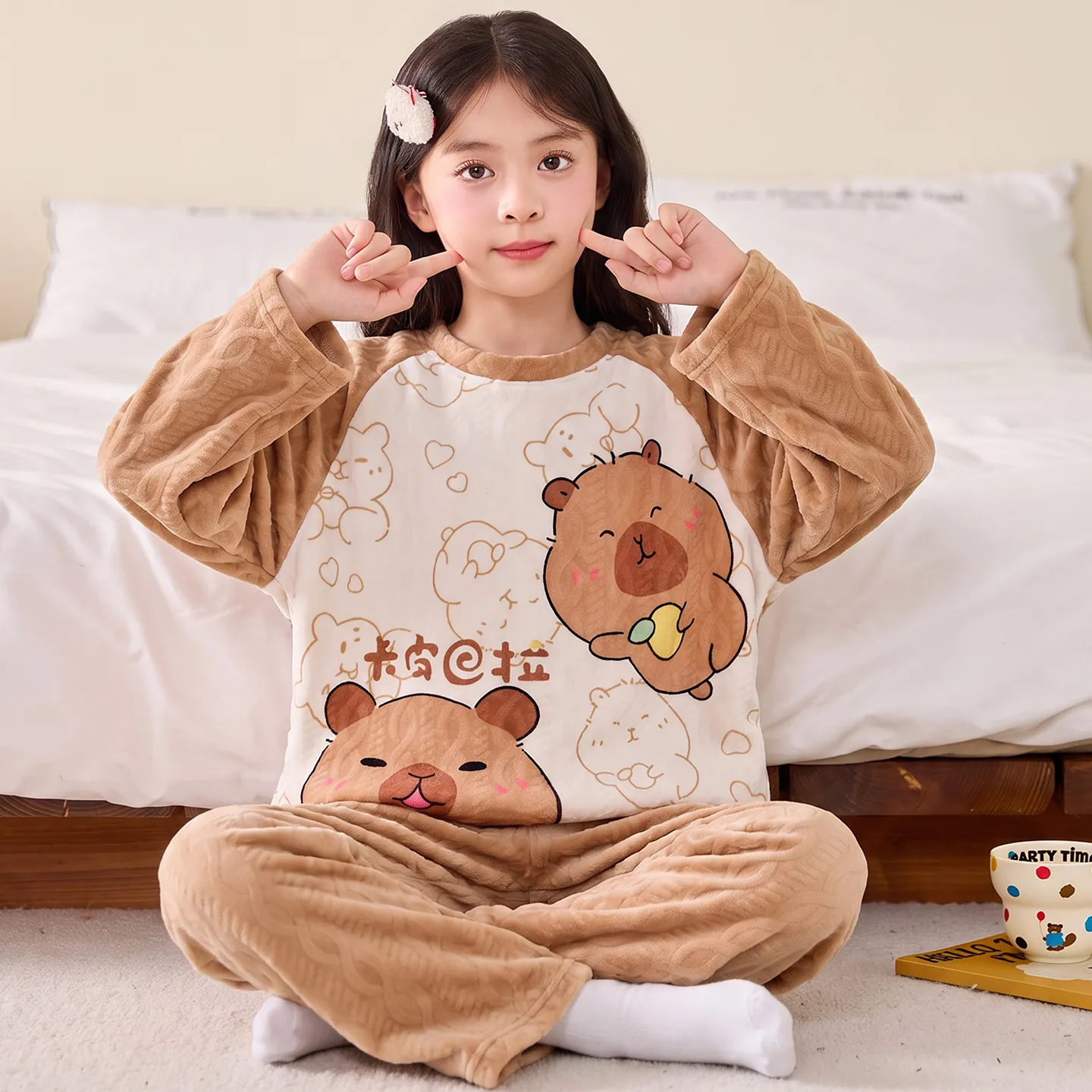 New Girls' Winter Pajama Set, Island Fleece Long Sleeve Crew Neck Pullover with Cute Cartoon Print, Warm Kids Loungewear · Wholesale · OEM · Worldwide Shipping - Detail 6