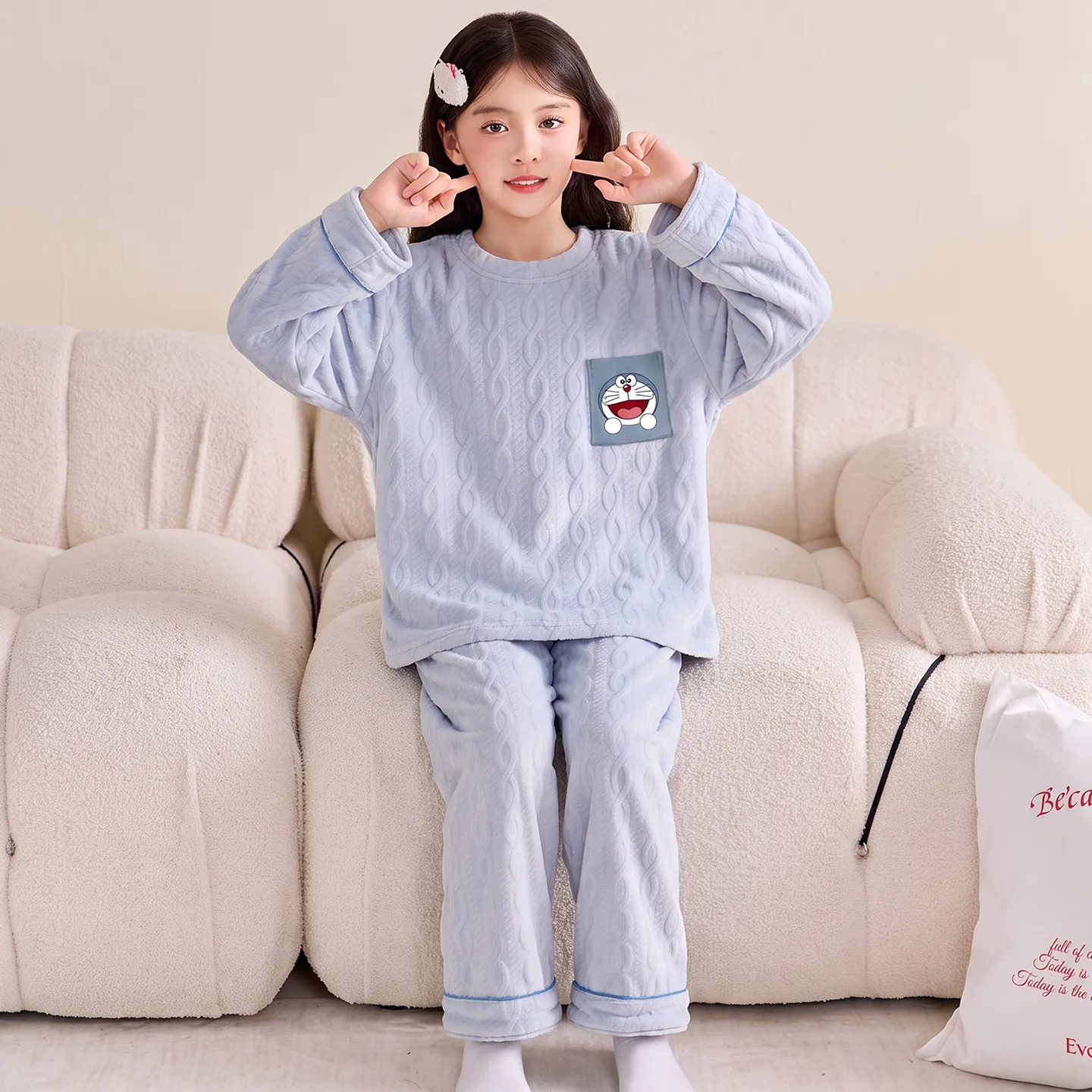 New Girls' Winter Pajama Set, Island Fleece Long Sleeve Crew Neck Pullover with Cute Cartoon Print, Warm Kids Loungewear · Wholesale · OEM · Worldwide Shipping - View 3