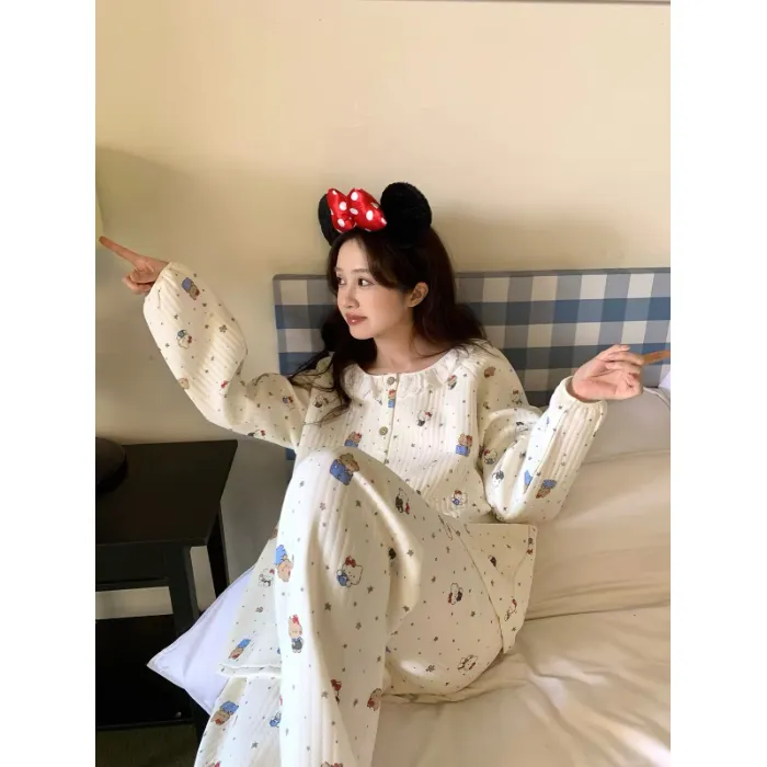 Set Piyama Cardigan 240g Air Quilted Korea Style Wanita dengan Renda, Kupu-kupu, dan Motif Bunga · Grosir · OEM · Pengiriman Global - Detail 4