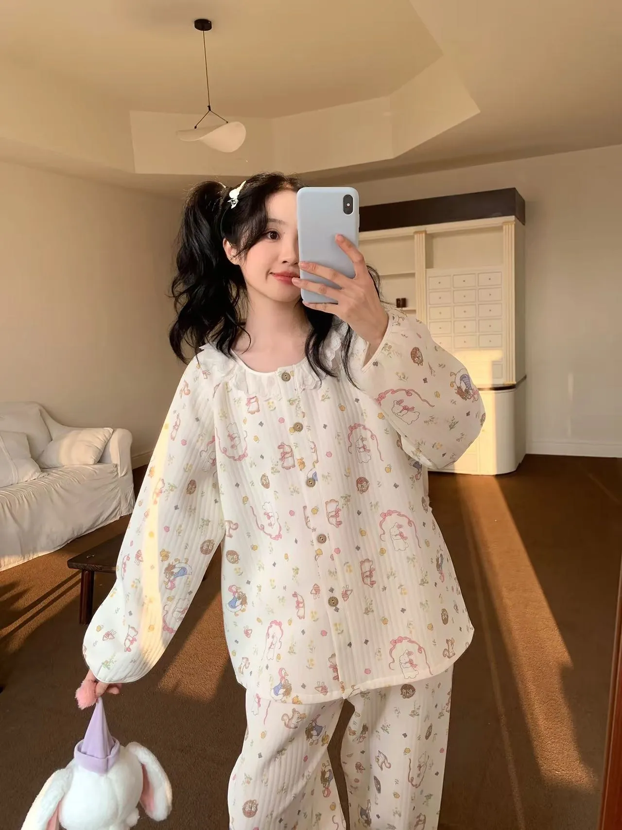 Set Piyama Cardigan 240g Air Quilted Korea Style Wanita dengan Renda, Kupu-kupu, dan Motif Bunga · Grosir · OEM · Pengiriman Global - Detail 29
