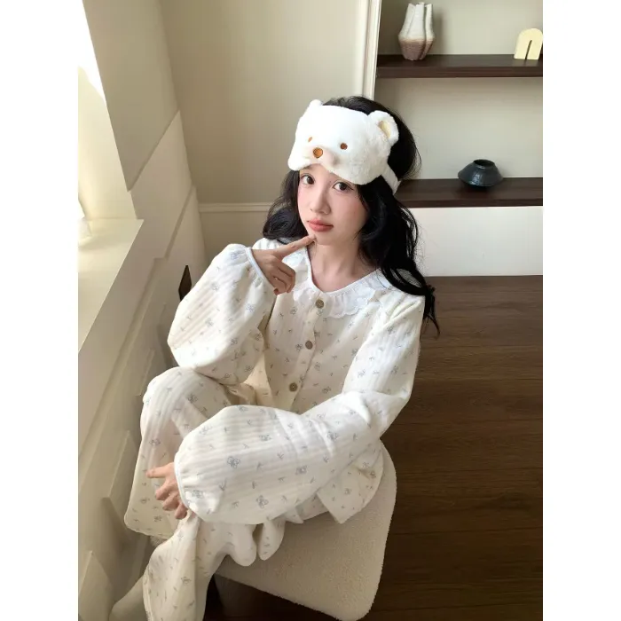 Set Piyama Cardigan 240g Air Quilted Korea Style Wanita dengan Renda, Kupu-kupu, dan Motif Bunga · Grosir · OEM · Pengiriman Global - Detail 9