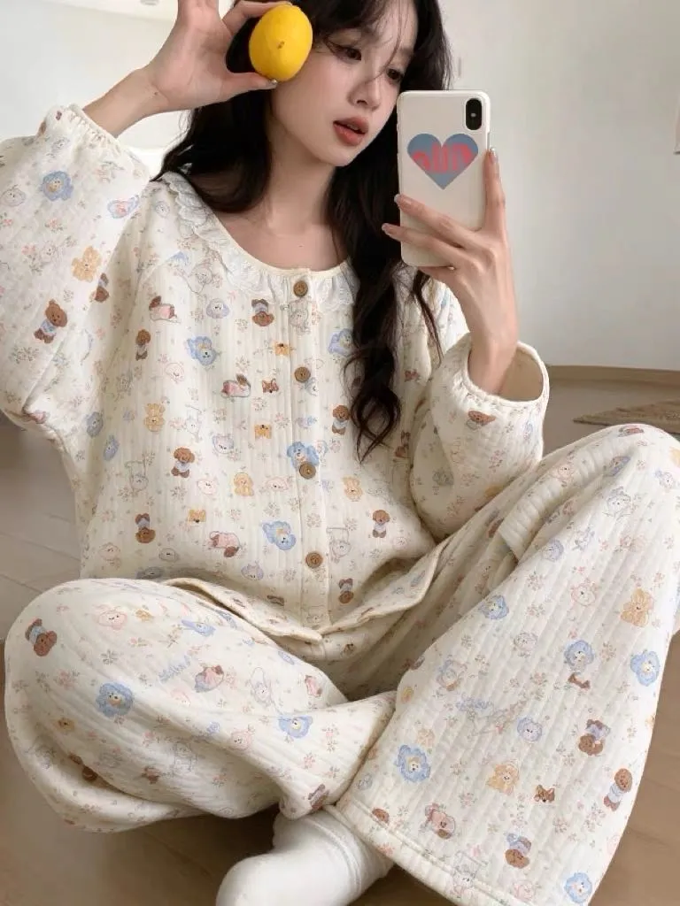 Set Piyama Cardigan 240g Air Quilted Korea Style Wanita dengan Renda, Kupu-kupu, dan Motif Bunga · Grosir · OEM · Pengiriman Global - Detail 38