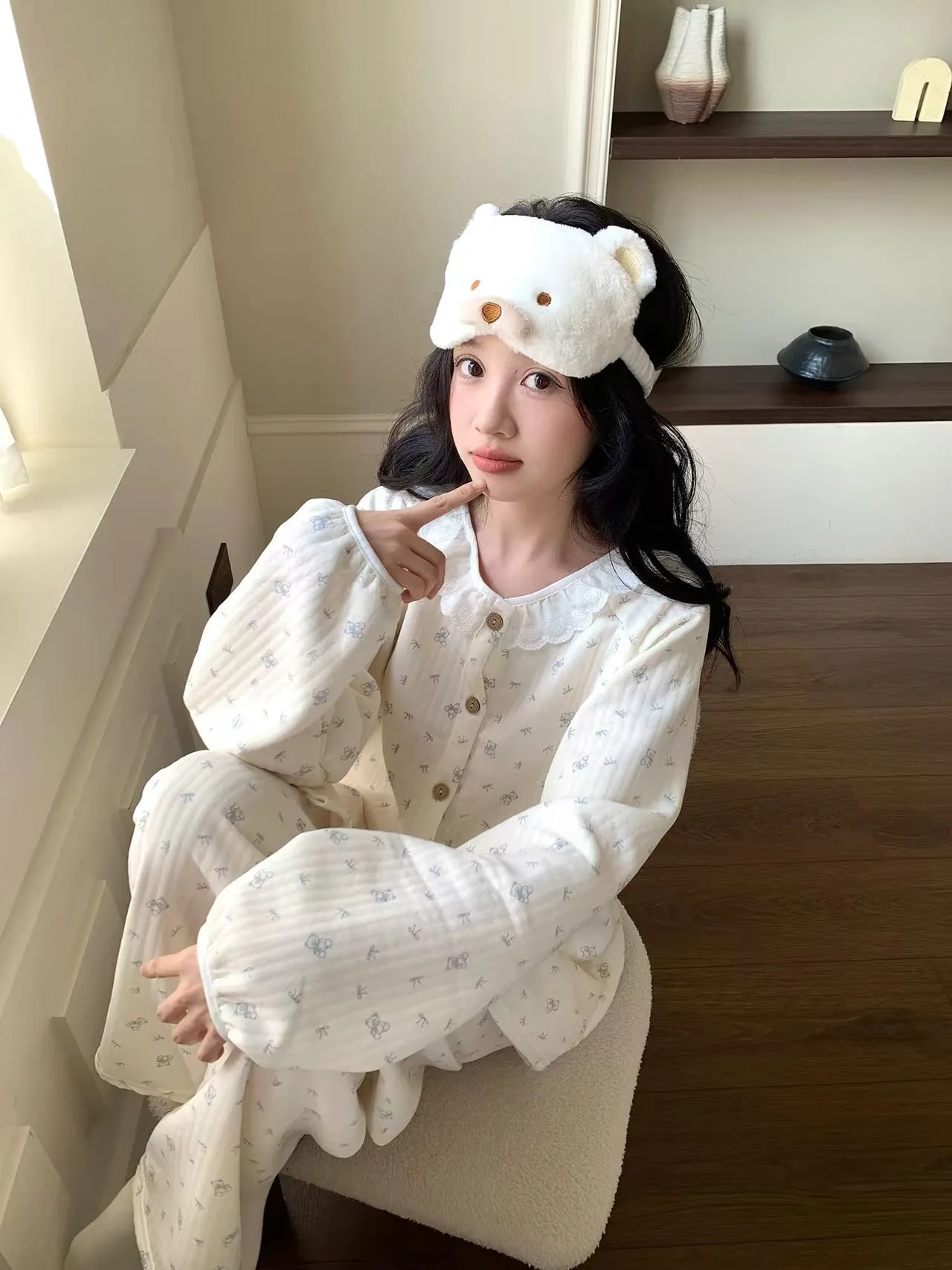 Set Piyama Cardigan 240g Air Quilted Korea Style Wanita dengan Renda, Kupu-kupu, dan Motif Bunga · Grosir · OEM · Pengiriman Global - Detail 36