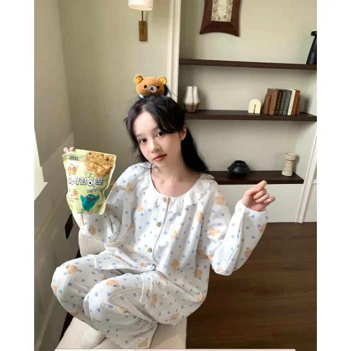 Set Piyama Cardigan 240g Air Quilted Korea Style Wanita dengan Renda, Kupu-kupu, dan Motif Bunga · Grosir · OEM · Pengiriman Global - Detail 7