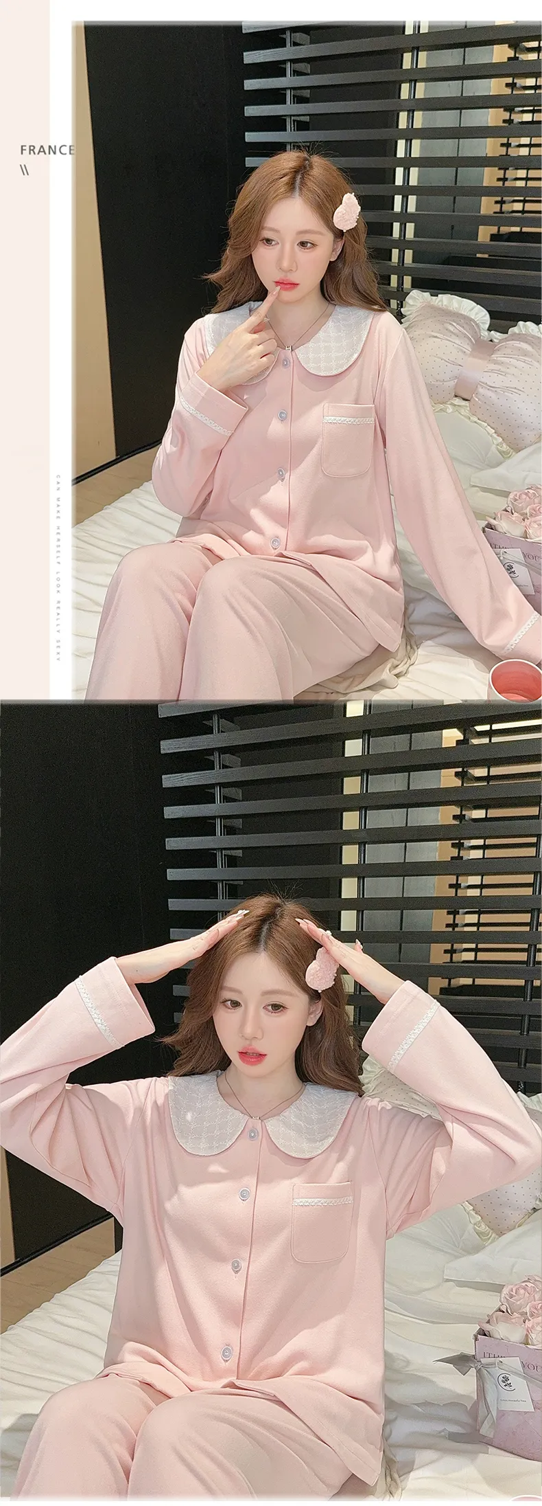 1205WE# New Women's Autumn/Winter Double-Sided Dralon Fleece Pajama Set, Long Sleeve Cardigan with Lapel Collar, Sweet Loungewear · Wholesale · OEM · Worldwide Shipping - Detail 18