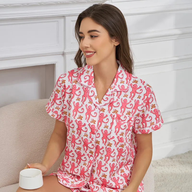 Summer Plus Size Women's Pajama Set, Pink Monkey Print Thin Short Sleeve Top and Elastic Waist Shorts, Europe & US Cross-Border Loungewear · Wholesale · OEM · Worldwide Shipping