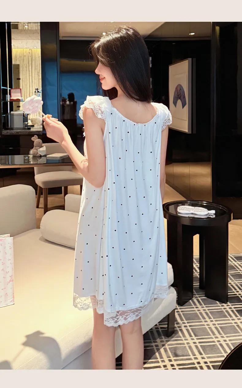 French Polka Dot Cute Dots Lace Sweet Girl Modal Bow Nightdress Casual Flutter Sleeve Thin · Wholesale · OEM · Worldwide Shipping - Detail 16