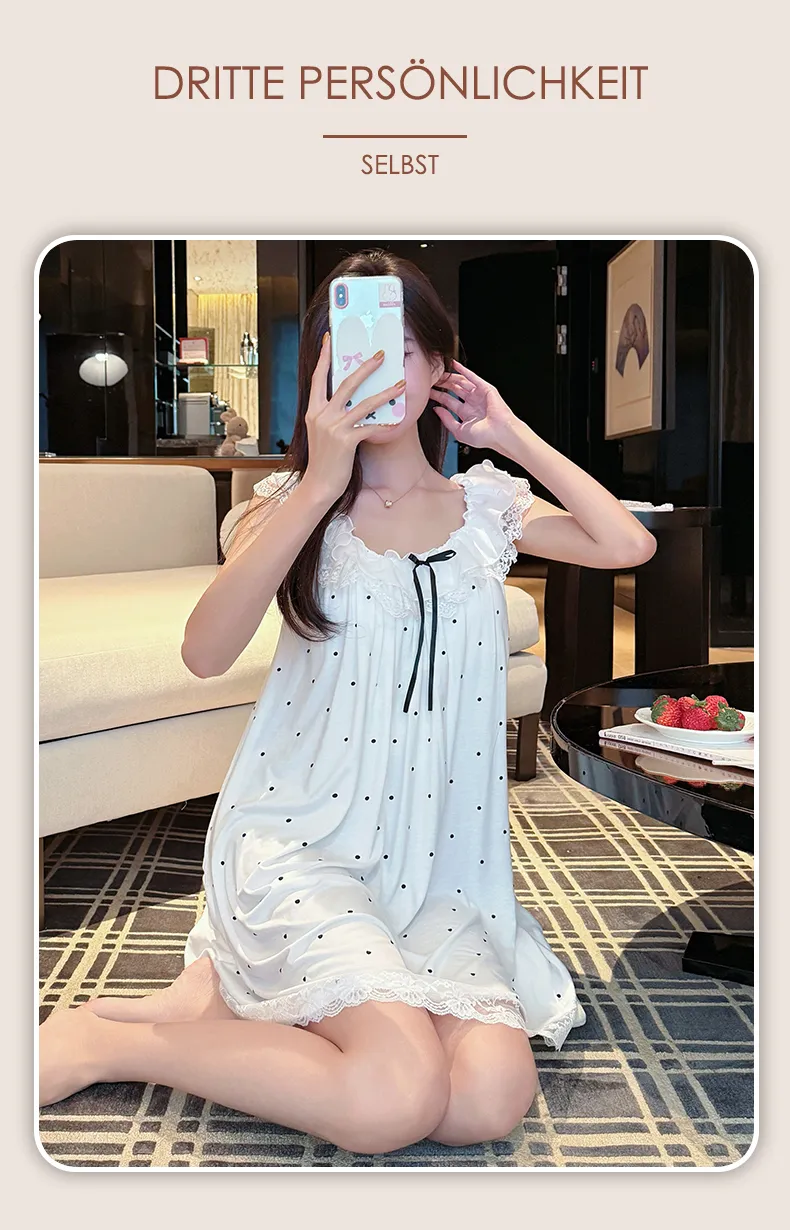 French Polka Dot Cute Dots Lace Sweet Girl Modal Bow Nightdress Casual Flutter Sleeve Thin · Wholesale · OEM · Worldwide Shipping - Detail 18