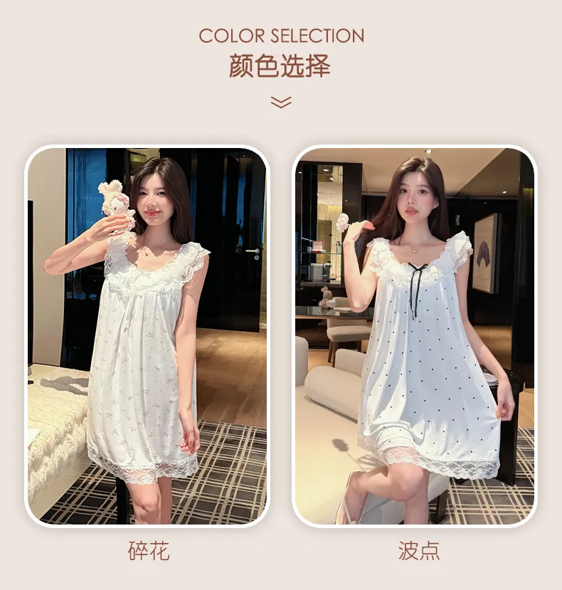French Polka Dot Cute Dots Lace Sweet Girl Modal Bow Nightdress Casual Flutter Sleeve Thin · Wholesale · OEM · Worldwide Shipping - Detail 5