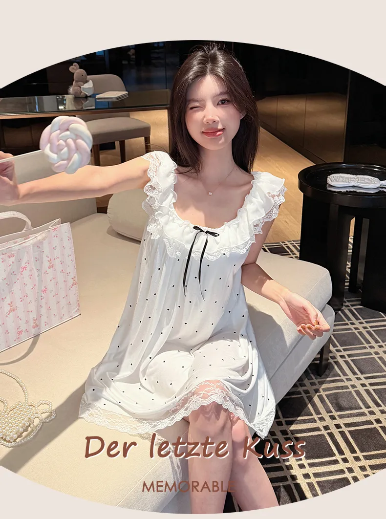 French Polka Dot Cute Dots Lace Sweet Girl Modal Bow Nightdress Casual Flutter Sleeve Thin · Wholesale · OEM · Worldwide Shipping - Detail 22