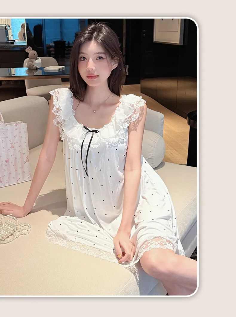 French Polka Dot Cute Dots Lace Sweet Girl Modal Bow Nightdress Casual Flutter Sleeve Thin · Wholesale · OEM · Worldwide Shipping - Detail 19