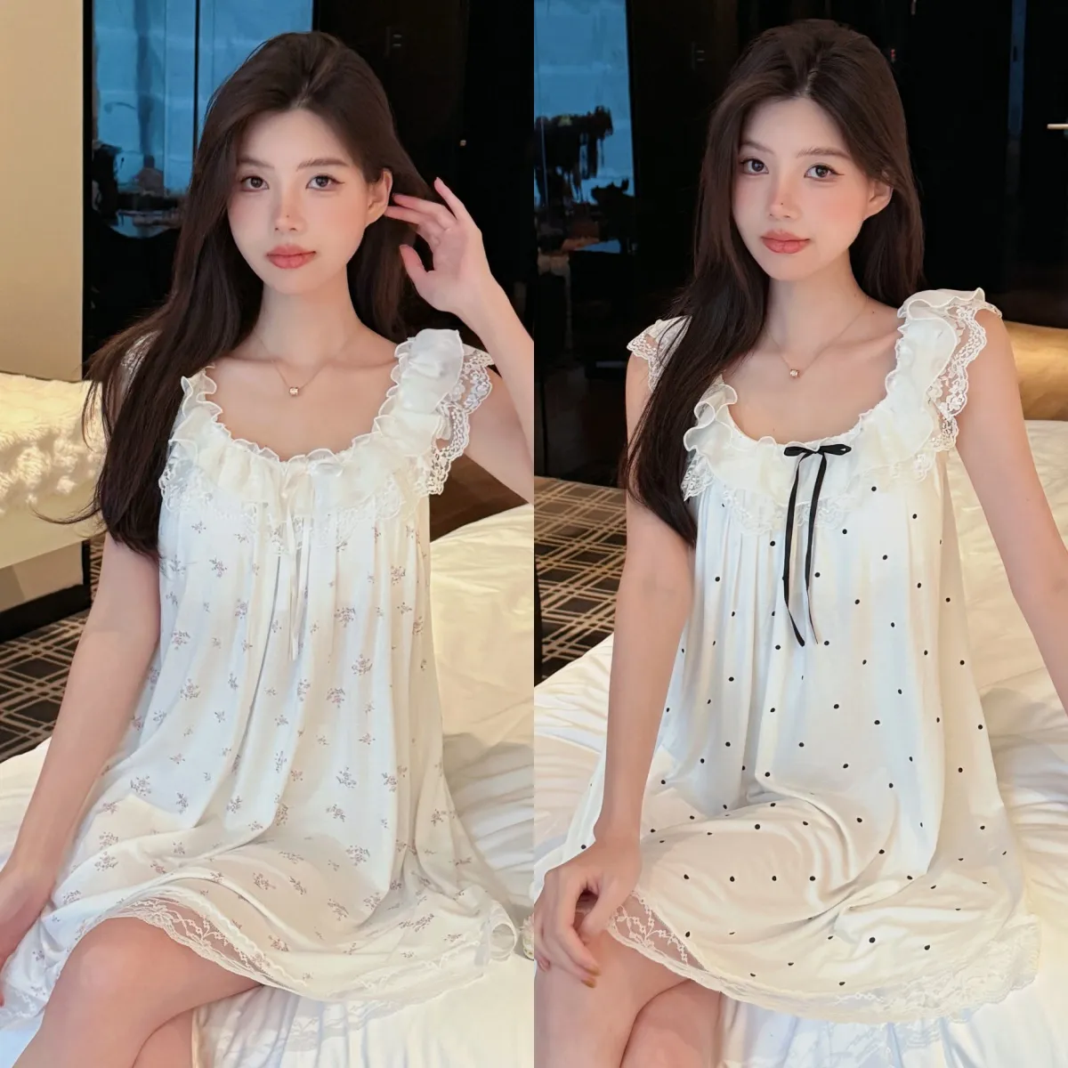 French Polka Dot Cute Dots Lace Sweet Girl Modal Bow Nightdress Casual Flutter Sleeve Thin · Wholesale · OEM · Worldwide Shipping