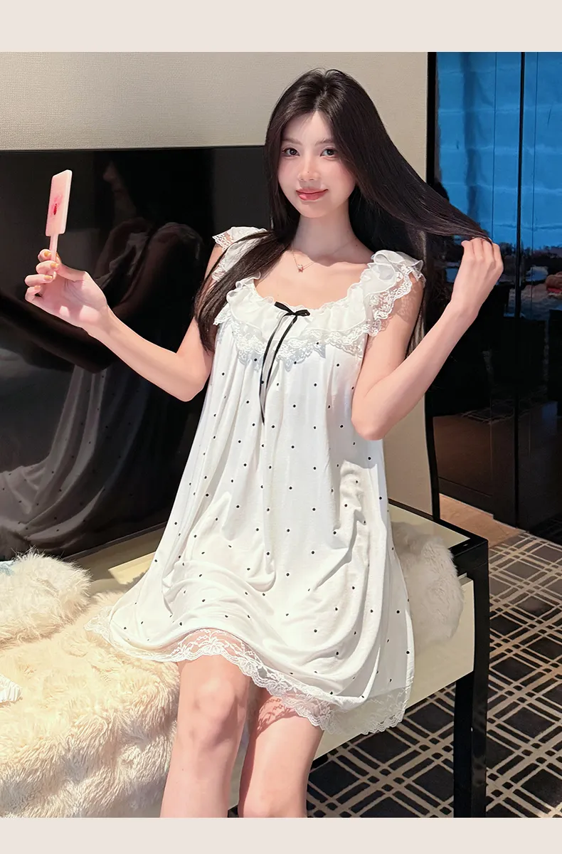 French Polka Dot Cute Dots Lace Sweet Girl Modal Bow Nightdress Casual Flutter Sleeve Thin · Wholesale · OEM · Worldwide Shipping - Detail 20