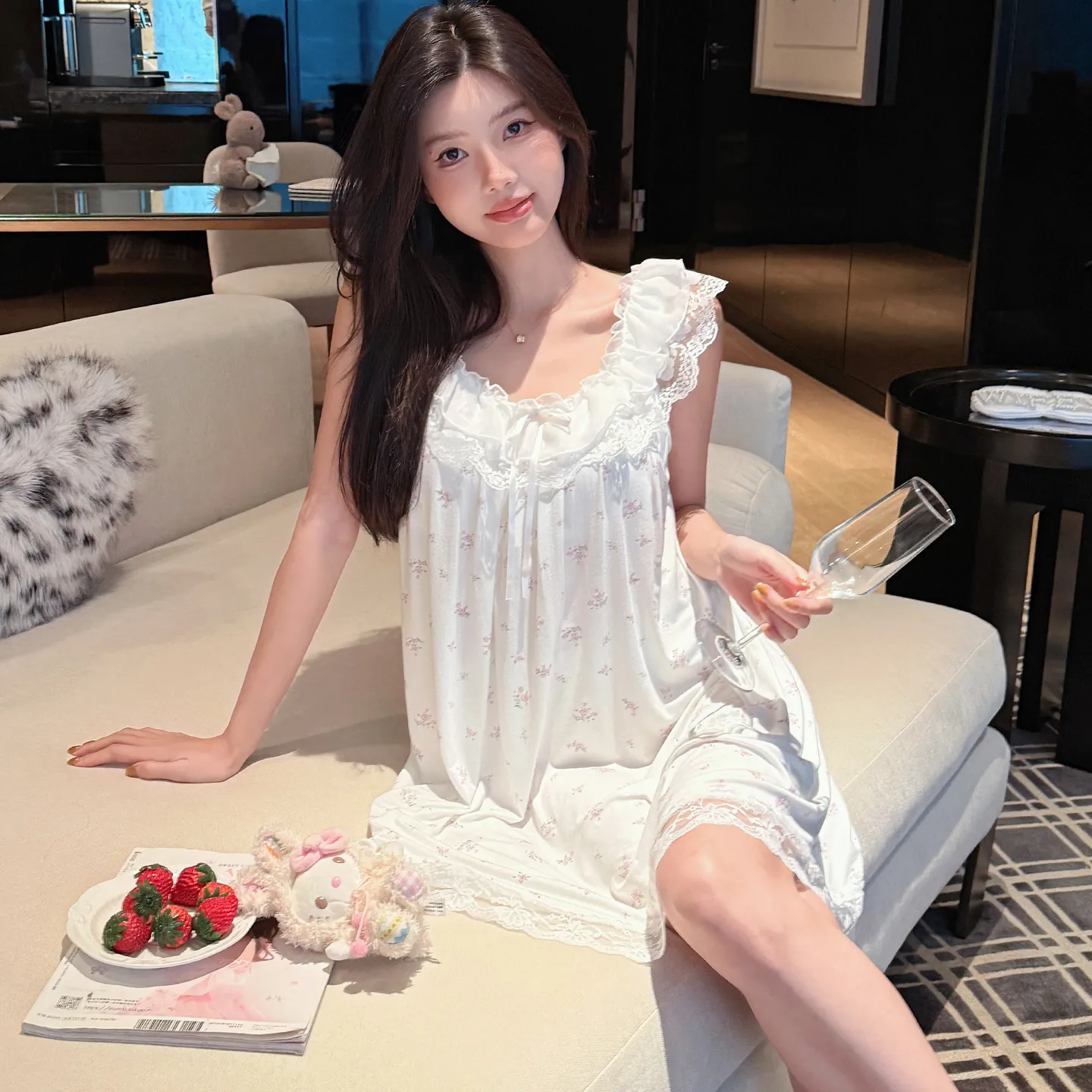 French Polka Dot Cute Dots Lace Sweet Girl Modal Bow Nightdress Casual Flutter Sleeve Thin · Wholesale · OEM · Worldwide Shipping - View 3