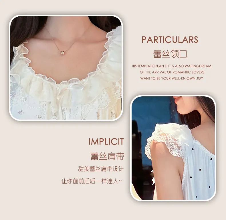 French Polka Dot Cute Dots Lace Sweet Girl Modal Bow Nightdress Casual Flutter Sleeve Thin · Wholesale · OEM · Worldwide Shipping - Detail 3