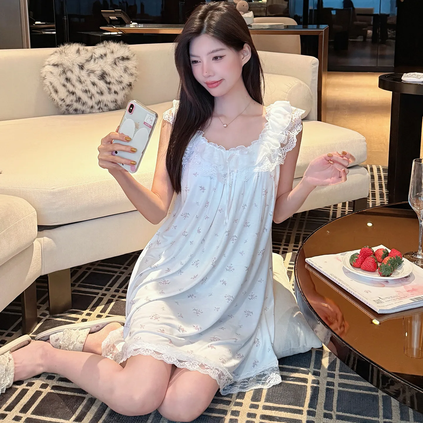 French Polka Dot Cute Dots Lace Sweet Girl Modal Bow Nightdress Casual Flutter Sleeve Thin · Wholesale · OEM · Worldwide Shipping - View 4