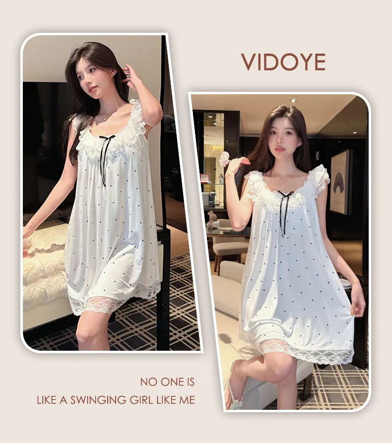 French Polka Dot Cute Dots Lace Sweet Girl Modal Bow Nightdress Casual Flutter Sleeve Thin · Wholesale · OEM · Worldwide Shipping - Detail 17