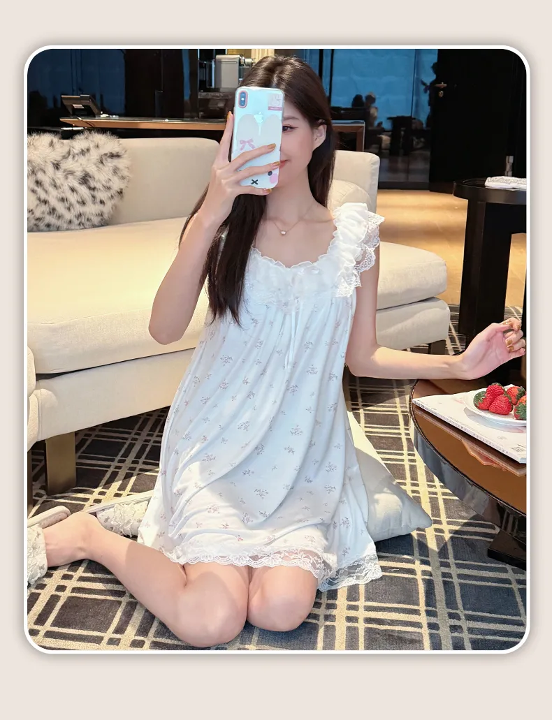 French Polka Dot Cute Dots Lace Sweet Girl Modal Bow Nightdress Casual Flutter Sleeve Thin · Wholesale · OEM · Worldwide Shipping - Detail 15