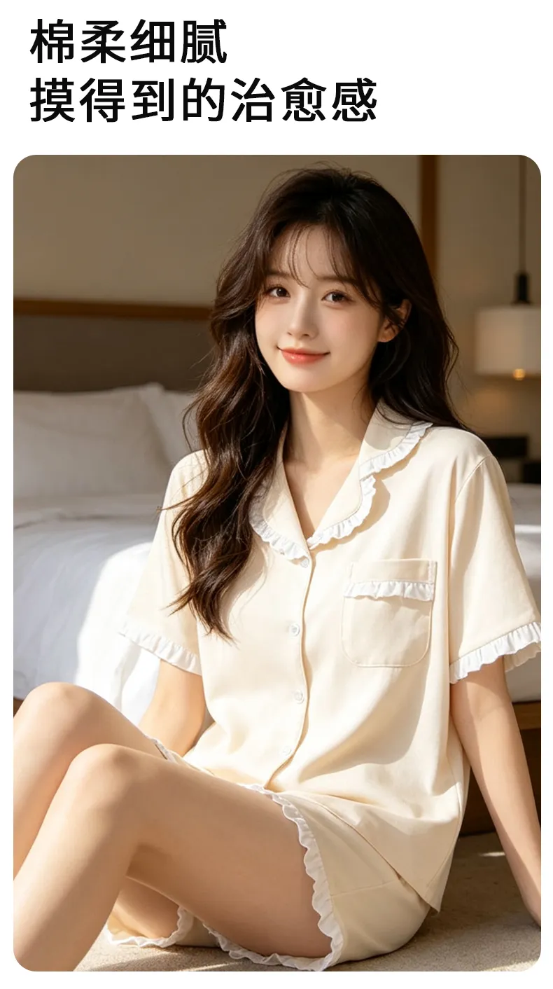 여름 순면 얇은 반팔 파자마 여성 파자마 세트 반바지 가디건 조절 가능 가슴패드 포함 전면 면 홈웨어 · 도매 · OEM · 전 세계 배송 - Detail 7