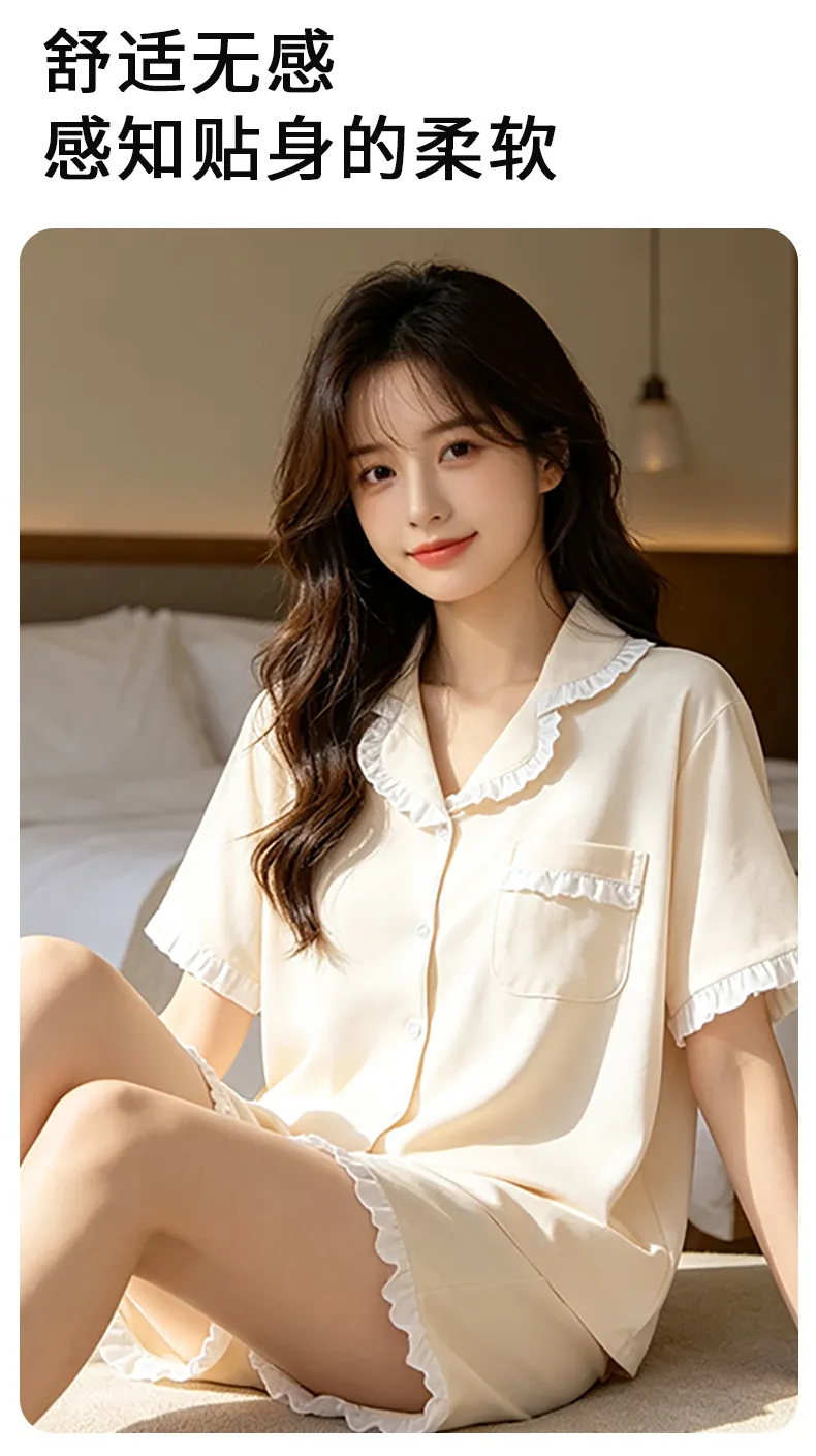 여름 순면 얇은 반팔 파자마 여성 파자마 세트 반바지 가디건 조절 가능 가슴패드 포함 전면 면 홈웨어 · 도매 · OEM · 전 세계 배송 - Detail 8