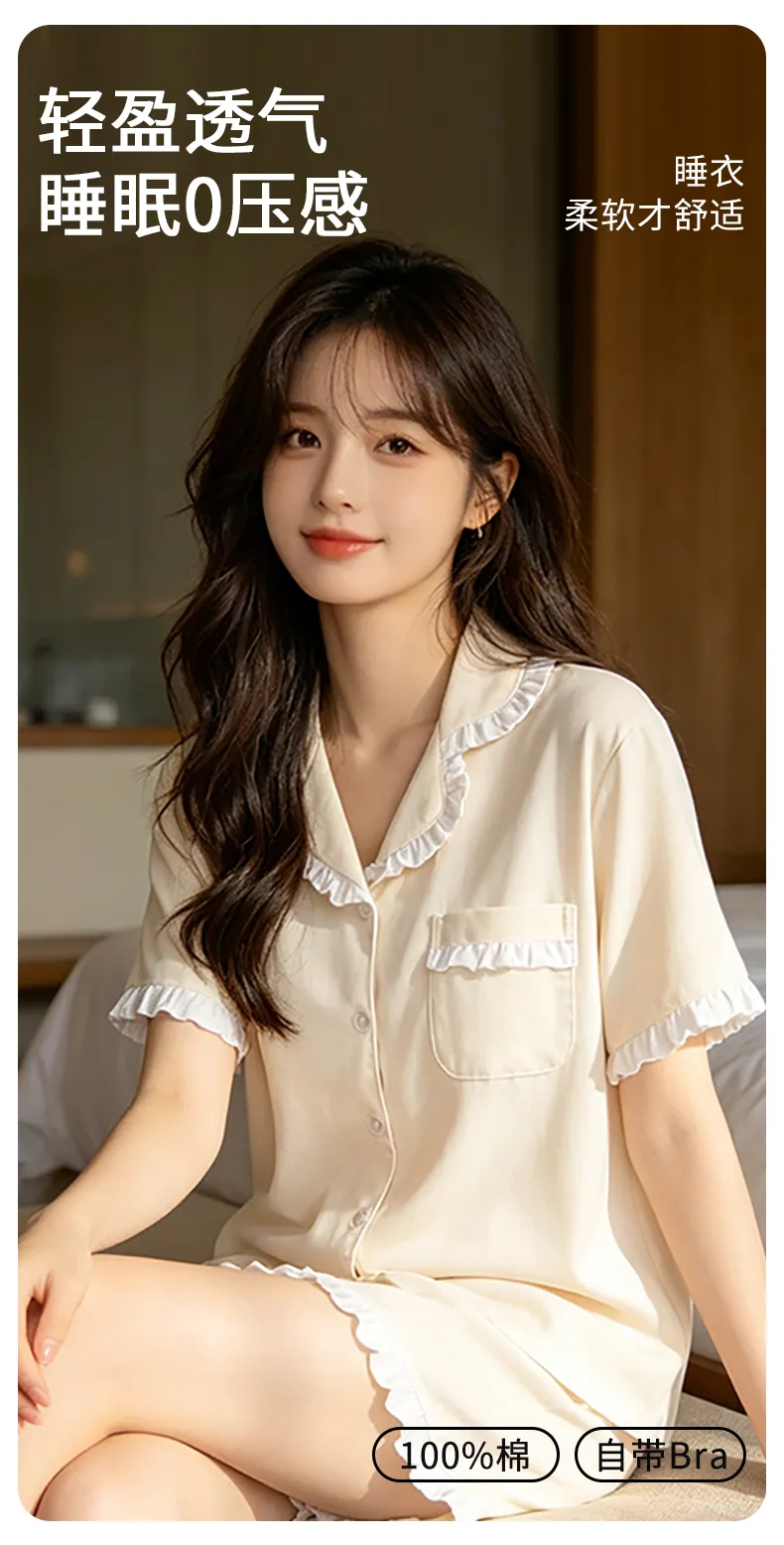 여름 순면 얇은 반팔 파자마 여성 파자마 세트 반바지 가디건 조절 가능 가슴패드 포함 전면 면 홈웨어 · 도매 · OEM · 전 세계 배송 - Detail 2