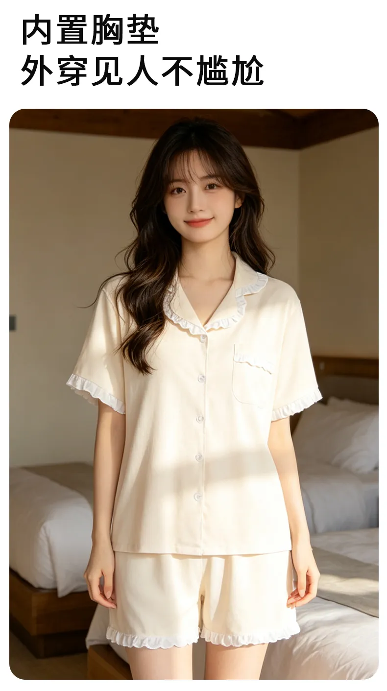 여름 순면 얇은 반팔 파자마 여성 파자마 세트 반바지 가디건 조절 가능 가슴패드 포함 전면 면 홈웨어 · 도매 · OEM · 전 세계 배송 - Detail 9