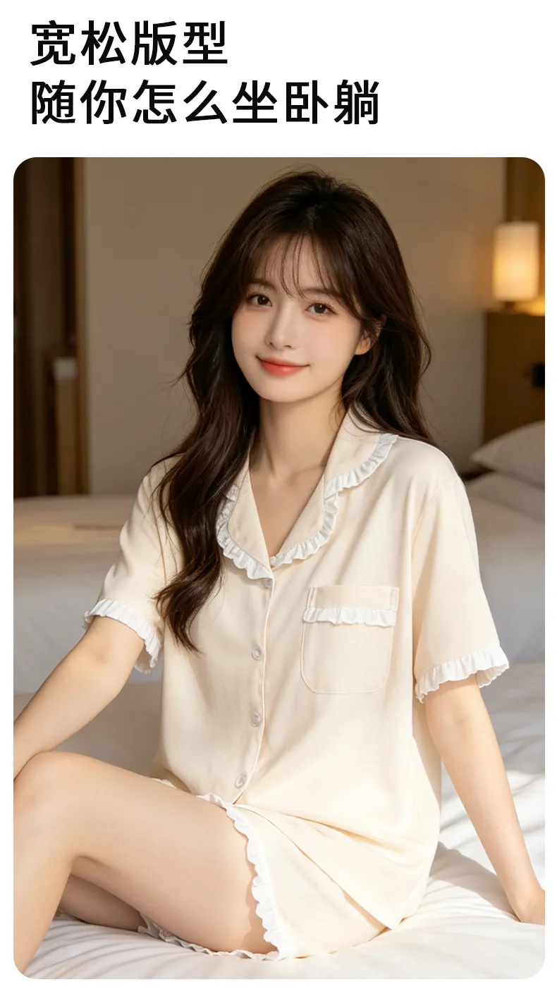 여름 순면 얇은 반팔 파자마 여성 파자마 세트 반바지 가디건 조절 가능 가슴패드 포함 전면 면 홈웨어 · 도매 · OEM · 전 세계 배송 - Detail 10
