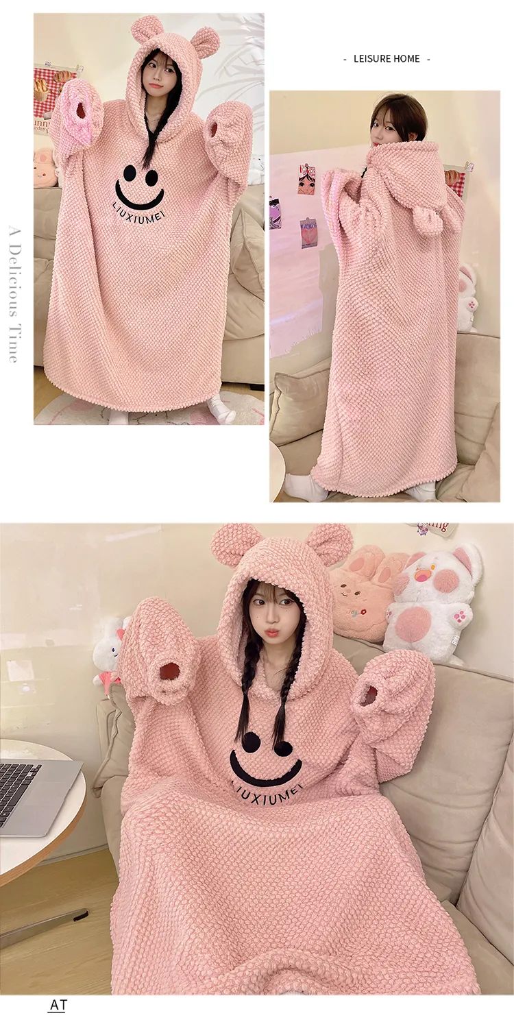Women's Pajamas Winter New Rose Velvet Hooded Nightdress Korean Style Loose Plus Size 150kg Wearable Loungewear · Wholesale · OEM · Worldwide Shipping - Detail 14